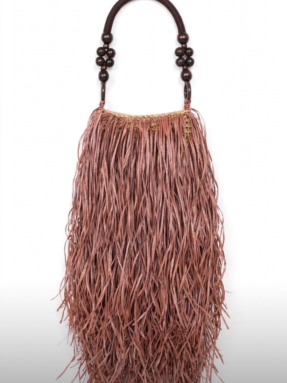 Fringed Raffia Tote Bag with Beaded Handle in Dusty Rose